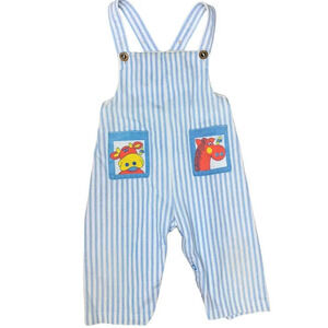 Vintage 60's Carter's Baby Overalls Blue White Stripes Farm Cow Horse 12 Months